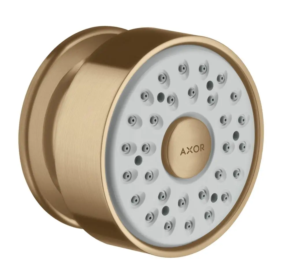 Runde Brause mit mehreren Wasserdüsen in einer gebürsteten Bronzeoberfläche, entworfen von Hansgrohe, für die Verwendung in Duschsystemen.